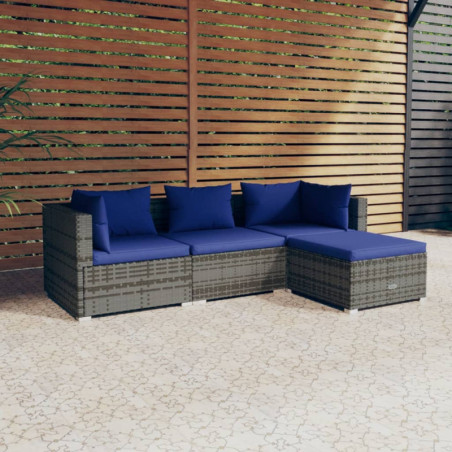 4-tlg. Garten-Lounge-Set mit Kissen Poly Rattan Grau