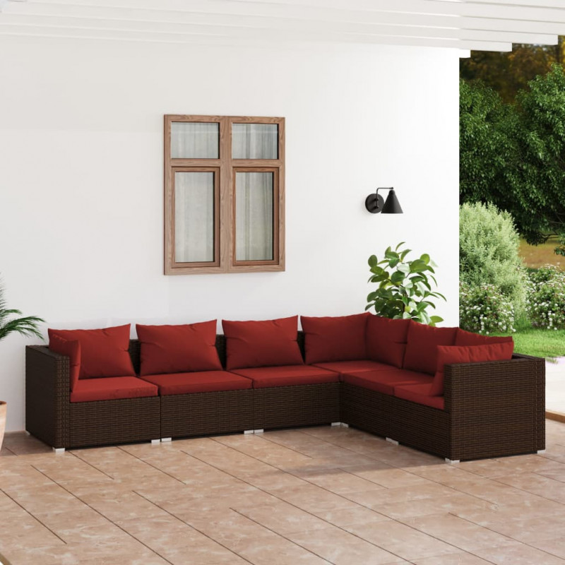 6-tlg. Garten-Lounge-Set mit Kissen Poly Rattan Braun