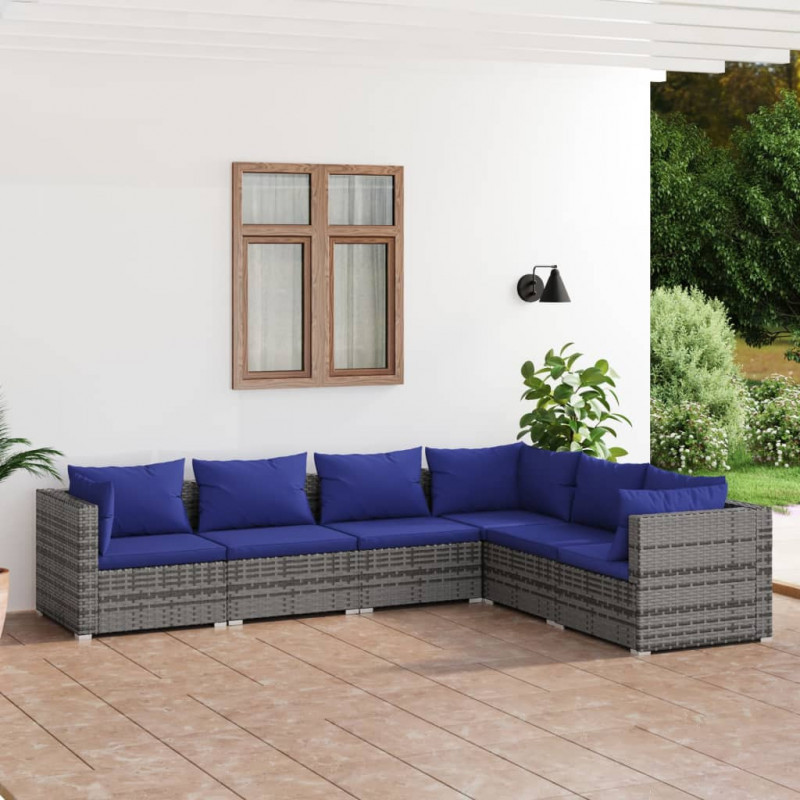 6-tlg. Garten-Lounge-Set mit Kissen Poly Rattan Grau