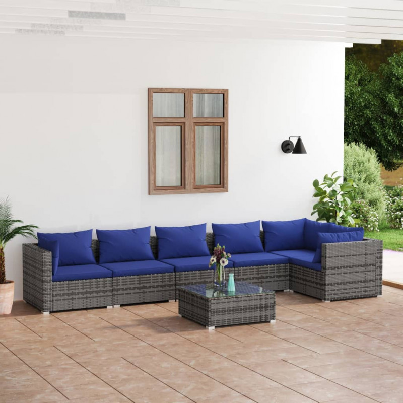 7-tlg. Garten-Lounge-Set mit Kissen Poly Rattan Grau