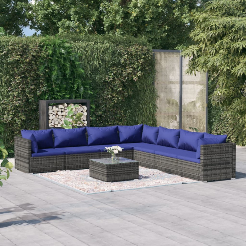 8-tlg. Garten-Lounge-Set mit Kissen Poly Rattan Grau