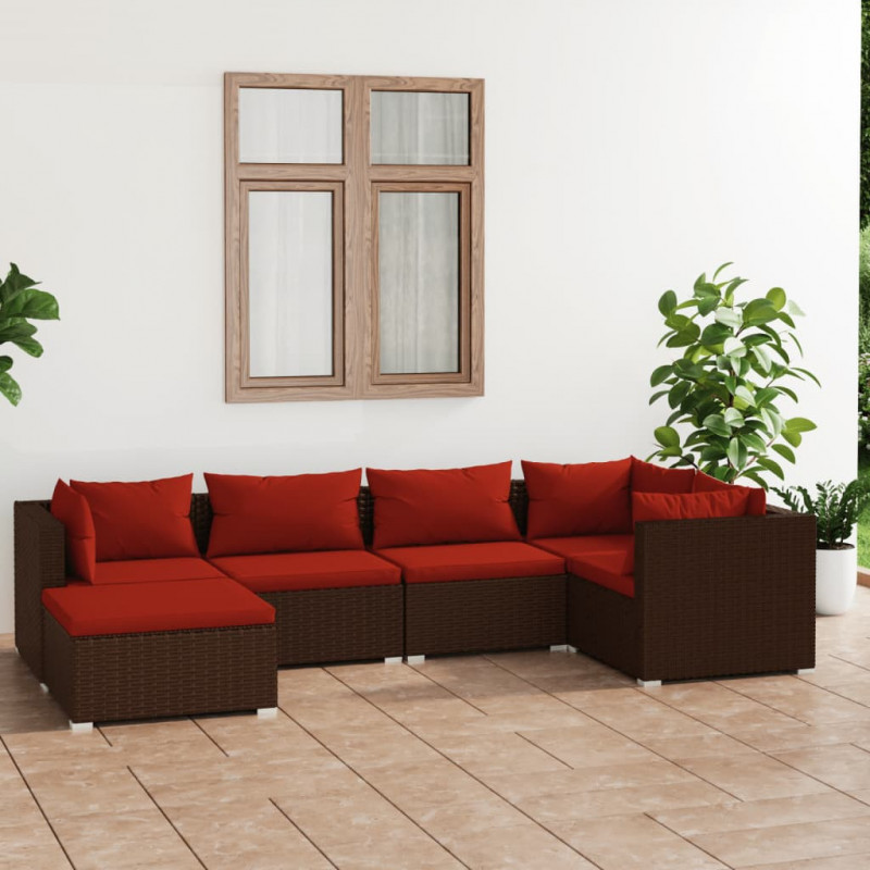 6-tlg. Garten-Lounge-Set mit Kissen Poly Rattan Braun