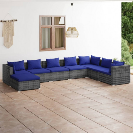 8-tlg. Garten-Lounge-Set mit Kissen Poly Rattan Grau