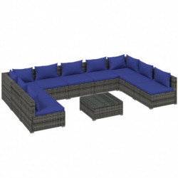 10-tlg. Garten-Lounge-Set mit Kissen Poly Rattan Grau