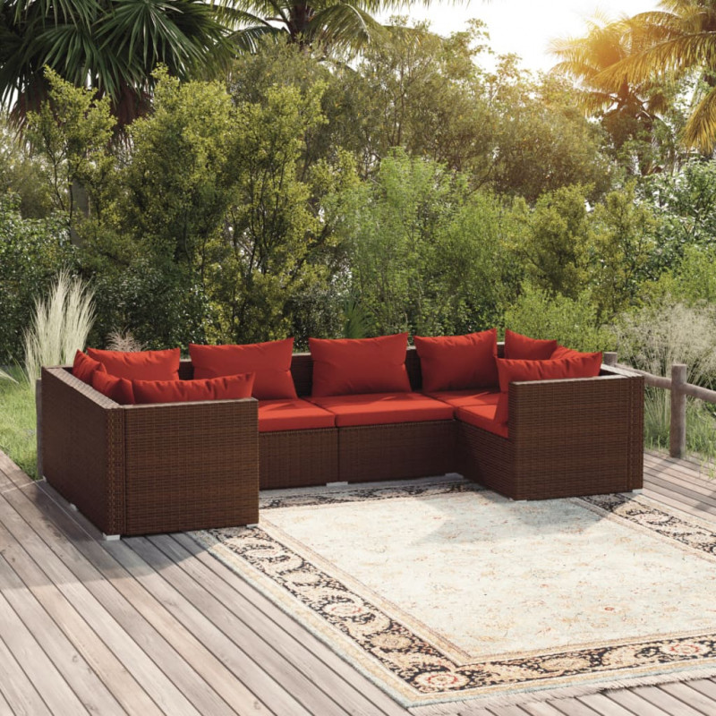 6-tlg. Garten-Lounge-Set mit Kissen Poly Rattan Braun