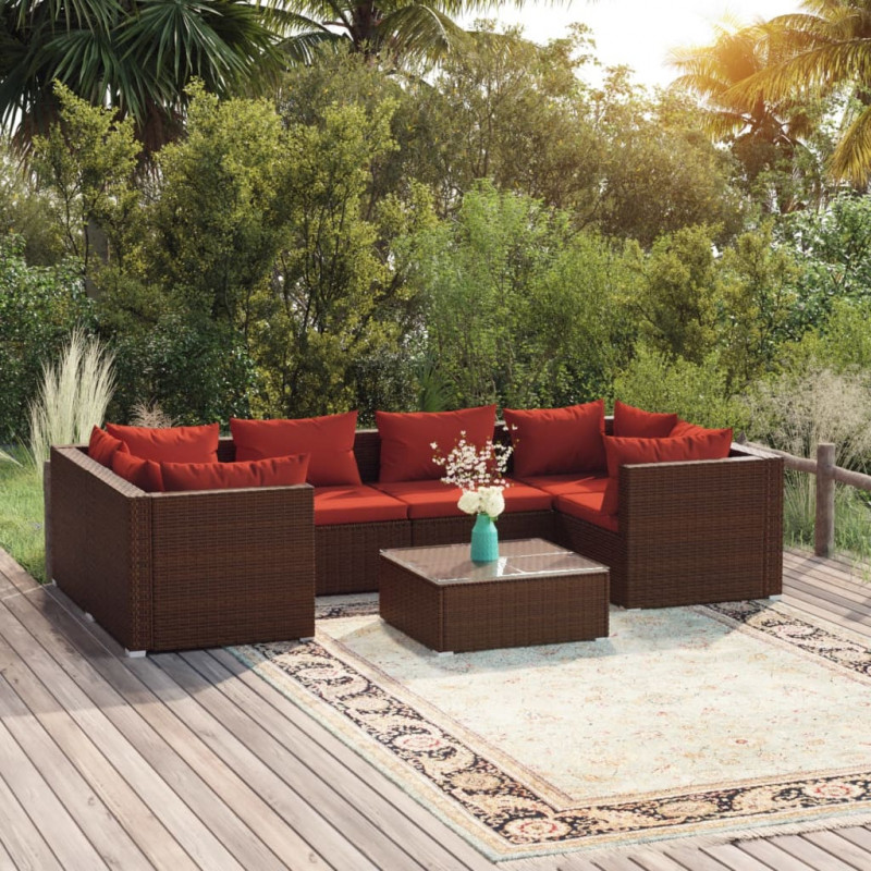 7-tlg. Garten-Lounge-Set mit Kissen Poly Rattan Braun