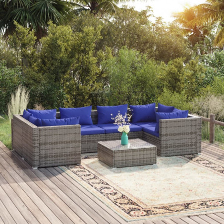 7-tlg. Garten-Lounge-Set mit Kissen Poly Rattan Grau