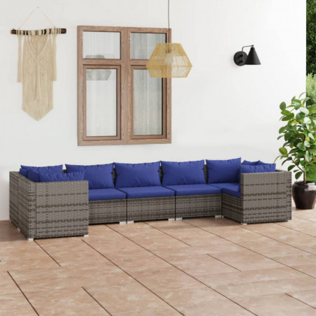 7-tlg. Garten-Lounge-Set mit Kissen Poly Rattan Grau