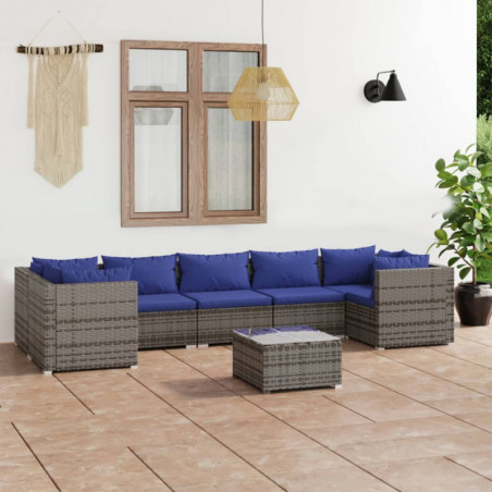 8-tlg. Garten-Lounge-Set mit Kissen Poly Rattan Grau