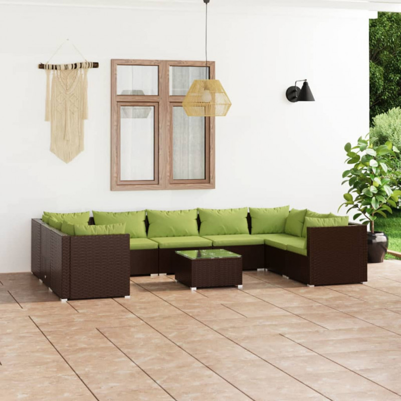 10-tlg. Garten-Lounge-Set mit Kissen Poly Rattan Braun