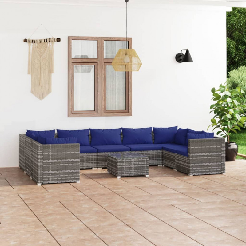 10-tlg. Garten-Lounge-Set mit Kissen Poly Rattan Grau