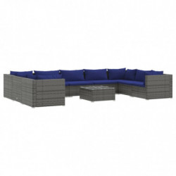 10-tlg. Garten-Lounge-Set mit Kissen Poly Rattan Grau