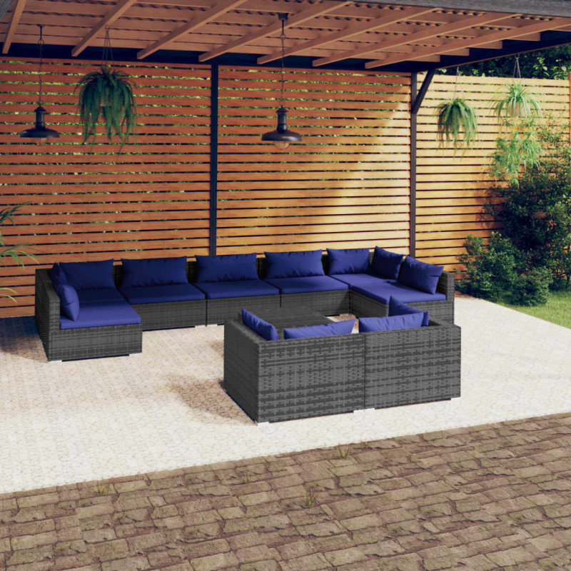 10-tlg. Garten-Lounge-Set mit Kissen Grau Poly Rattan