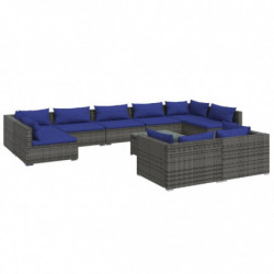 10-tlg. Garten-Lounge-Set mit Kissen Grau Poly Rattan