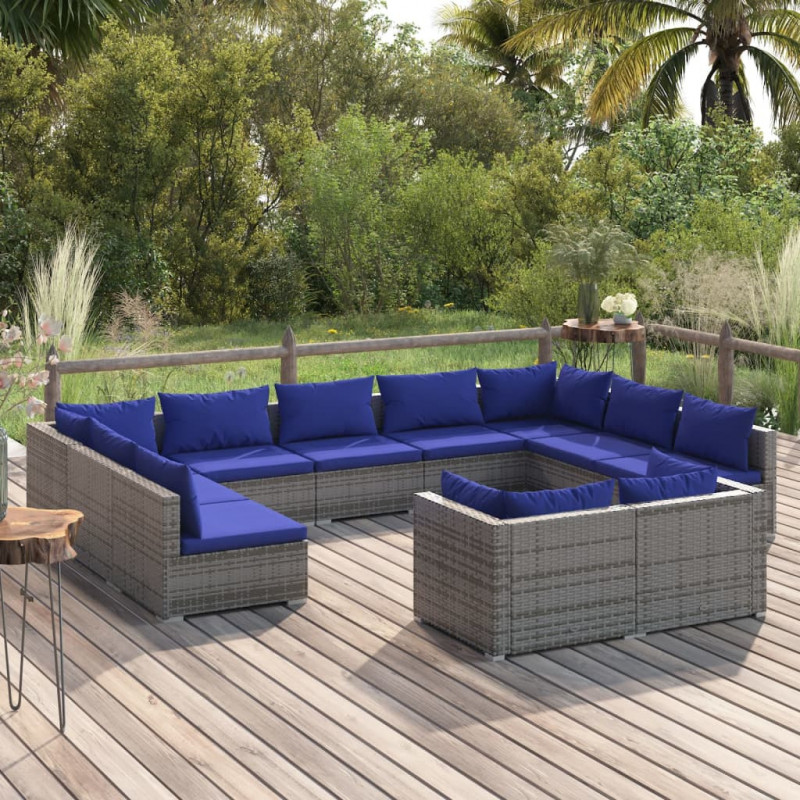 11-tlg. Garten-Lounge-Set mit Kissen Grau Poly Rattan