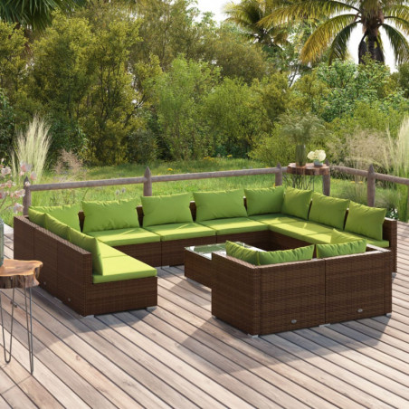 12-tlg. Garten-Lounge-Set mit Kissen Braun Poly Rattan