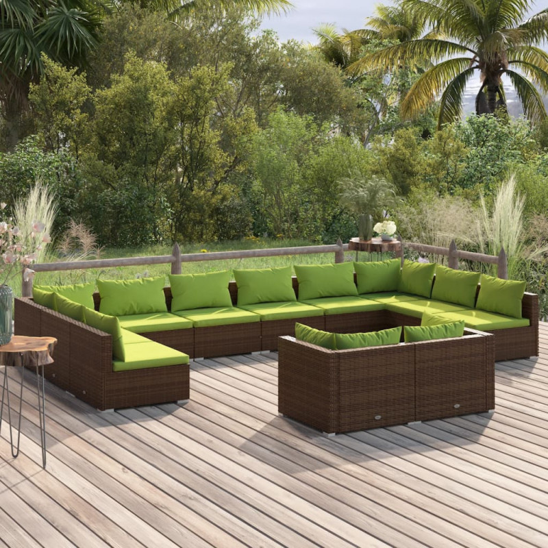 12-tlg. Garten-Lounge-Set mit Kissen Braun Poly Rattan