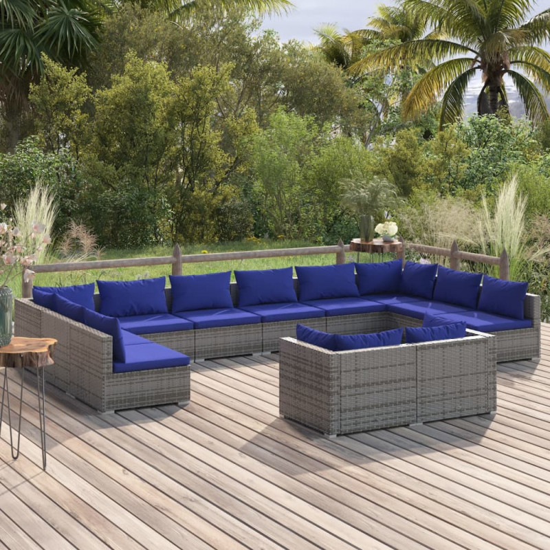 12-tlg. Garten-Lounge-Set mit Kissen Grau Poly Rattan