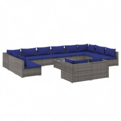 13-tlg. Garten-Lounge-Set mit Kissen Grau Poly Rattan