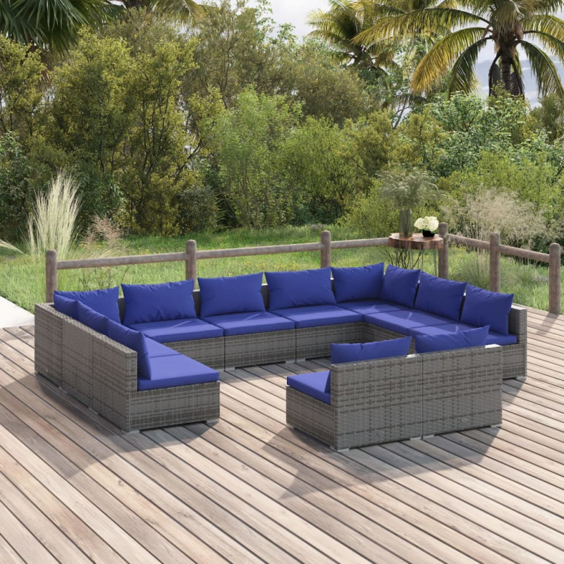 11-tlg. Garten-Lounge-Set mit Kissen Grau Poly Rattan