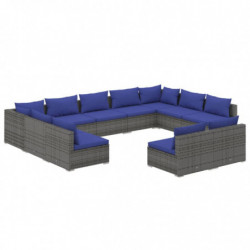 11-tlg. Garten-Lounge-Set mit Kissen Grau Poly Rattan