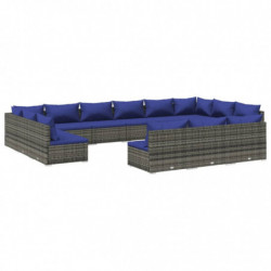 13-tlg. Garten-Lounge-Set mit Kissen Grau Poly Rattan