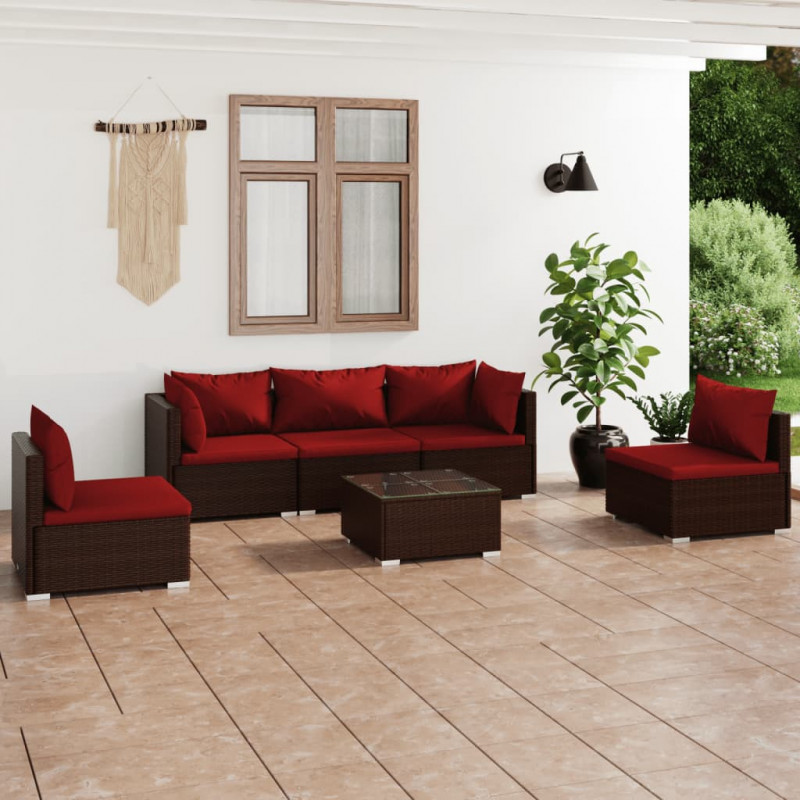 6-tlg. Garten-Lounge-Set mit Kissen Poly Rattan Braun