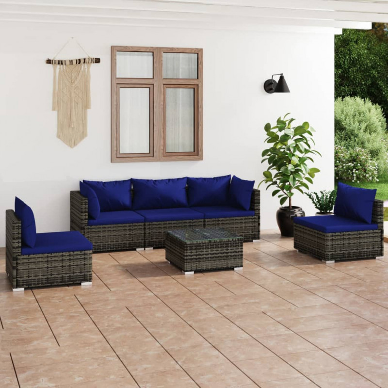 6-tlg. Garten-Lounge-Set mit Kissen Poly Rattan Grau