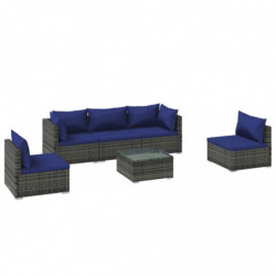 6-tlg. Garten-Lounge-Set mit Kissen Poly Rattan Grau