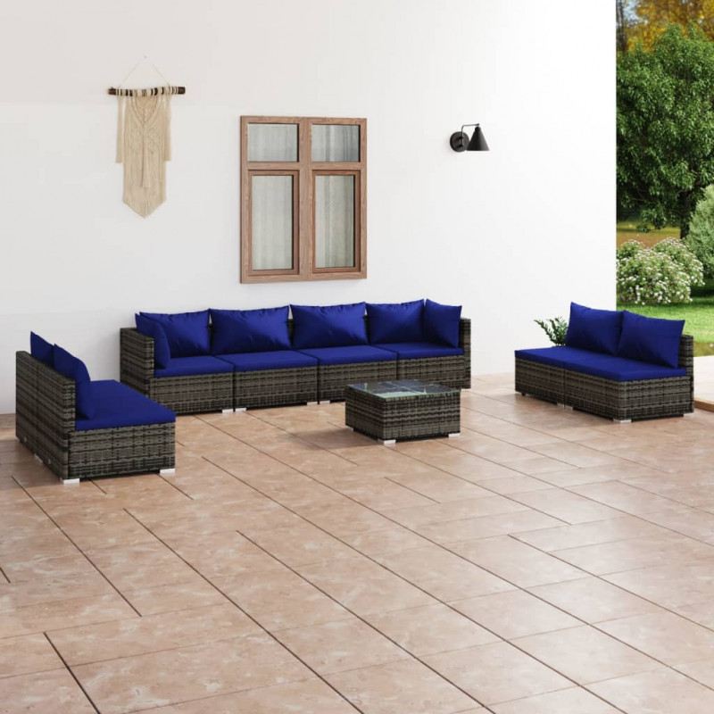 9-tlg. Garten-Lounge-Set mit Kissen Poly Rattan Grau