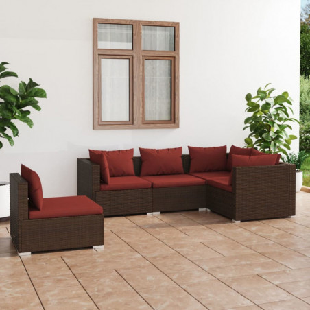 5-tlg. Garten-Lounge-Set mit Kissen Poly Rattan Braun