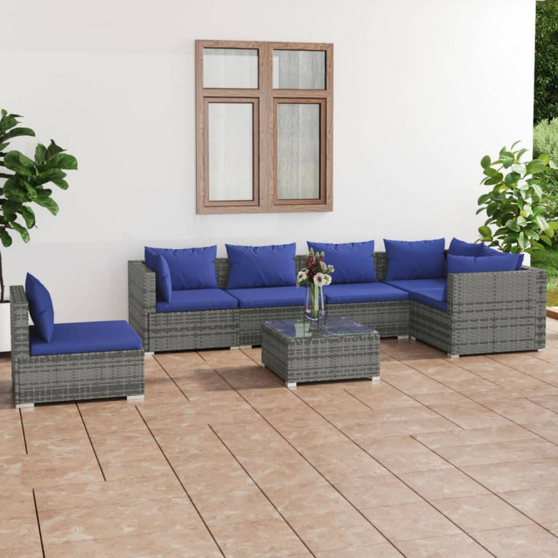 7-tlg. Garten-Lounge-Set mit Kissen Poly Rattan Grau