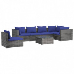 7-tlg. Garten-Lounge-Set mit Kissen Poly Rattan Grau