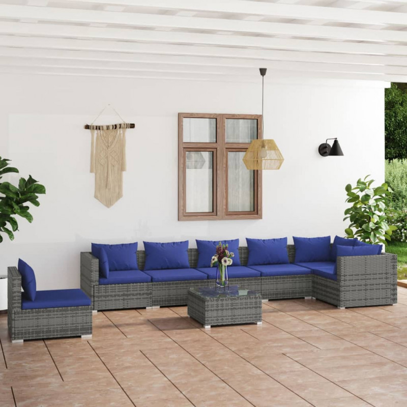 8-tlg. Garten-Lounge-Set mit Kissen Poly Rattan Grau