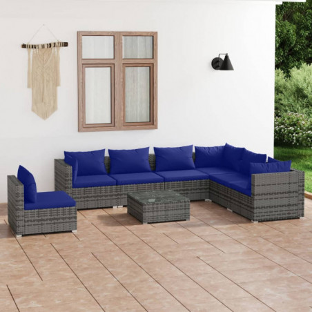 8-tlg. Garten-Lounge-Set mit Kissen Poly Rattan Grau