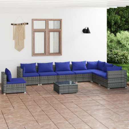 9-tlg. Garten-Lounge-Set mit Kissen Poly Rattan Grau