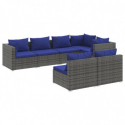 7-tlg. Garten-Lounge-Set mit Kissen Grau Poly Rattan