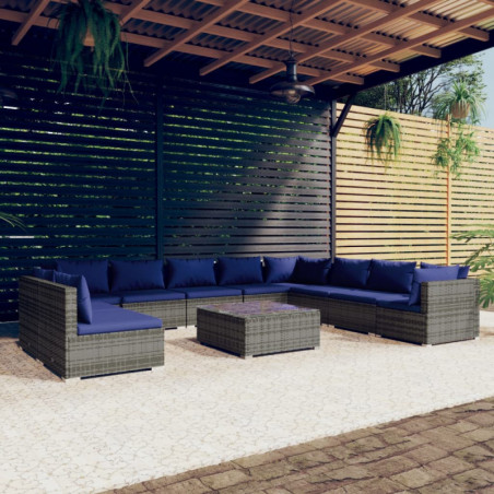 11-tlg. Garten-Lounge-Set mit Kissen Grau Poly Rattan