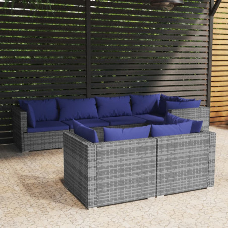 7-tlg. Garten-Lounge-Set mit Kissen Grau Poly Rattan