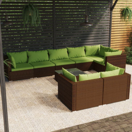 9-tlg. Garten-Lounge-Set mit Kissen Braun Poly Rattan