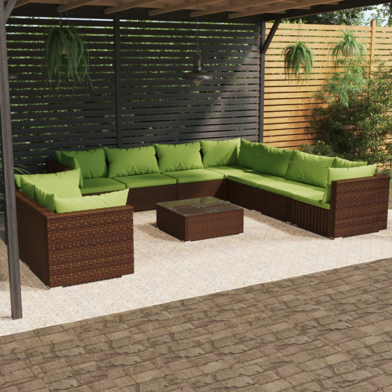 10-tlg. Garten-Lounge-Set mit Kissen Braun Poly Rattan