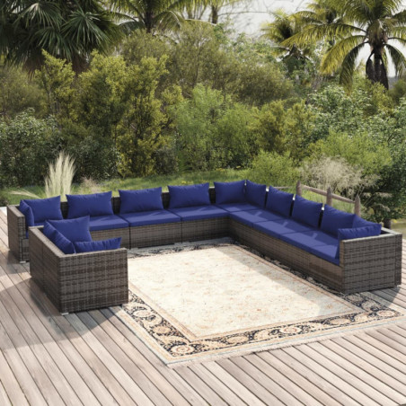 11-tlg. Garten-Lounge-Set mit Kissen Grau Poly Rattan