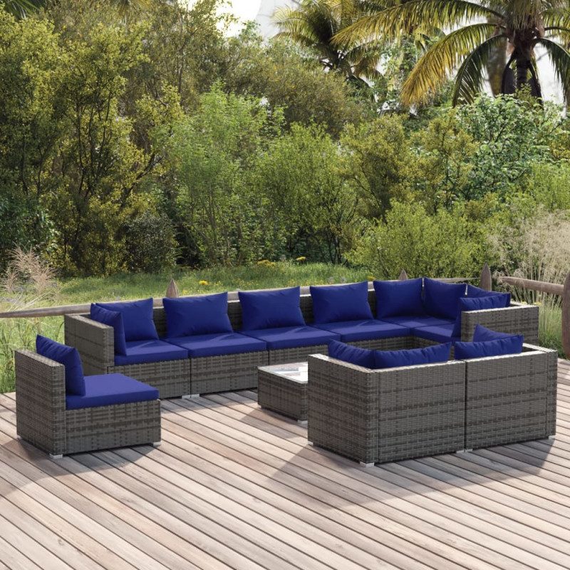 10-tlg. Garten-Lounge-Set mit Kissen Poly Rattan Grau