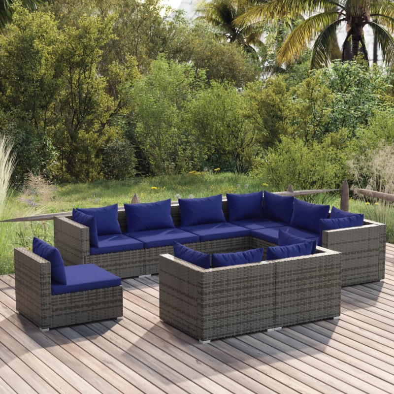 9-tlg. Garten-Lounge-Set mit Kissen Poly Rattan Grau