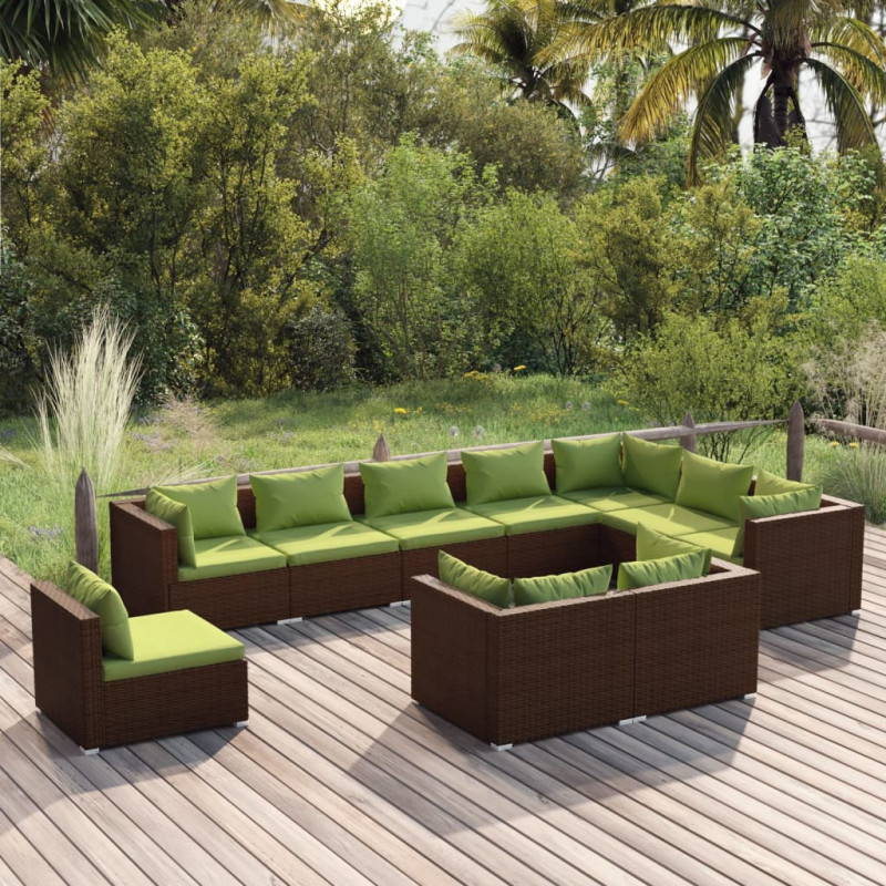 10-tlg. Garten-Lounge-Set mit Kissen Poly Rattan Braun