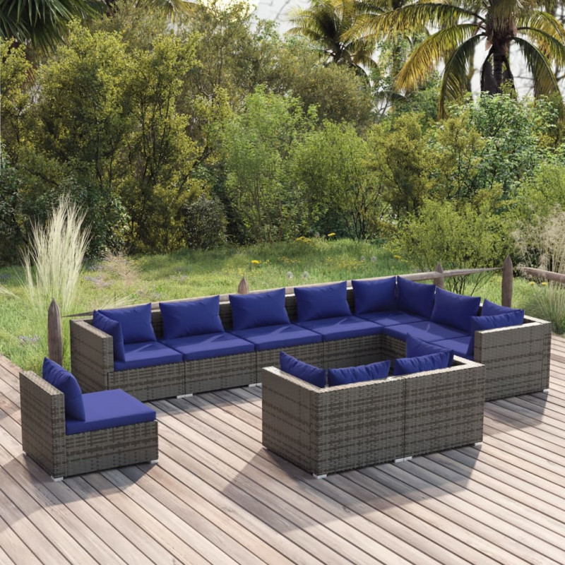 10-tlg. Garten-Lounge-Set mit Kissen Poly Rattan Grau