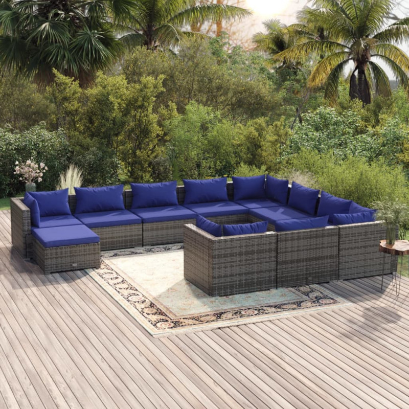 11-tlg. Garten-Lounge-Set mit Kissen Poly Rattan Grau