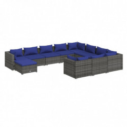 11-tlg. Garten-Lounge-Set mit Kissen Poly Rattan Grau