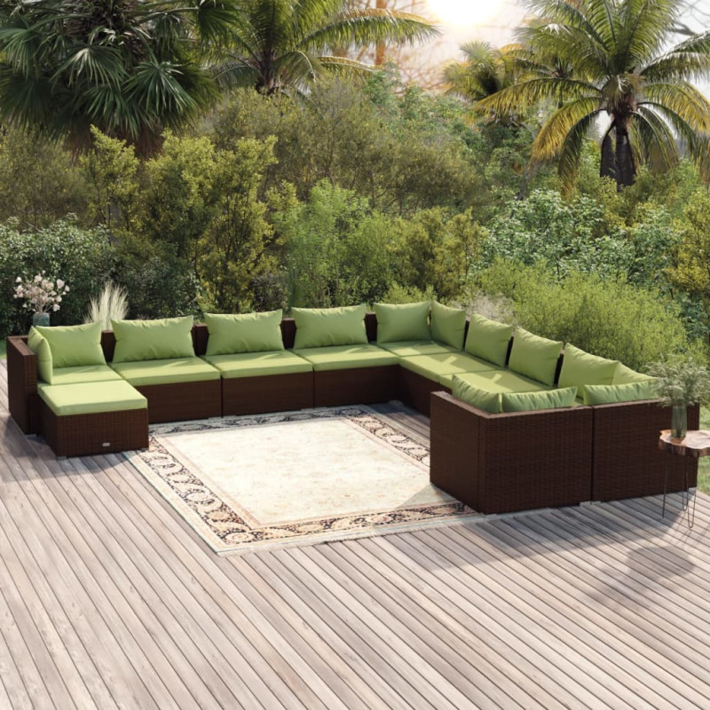 11-tlg. Garten-Lounge-Set mit Kissen Poly Rattan Braun