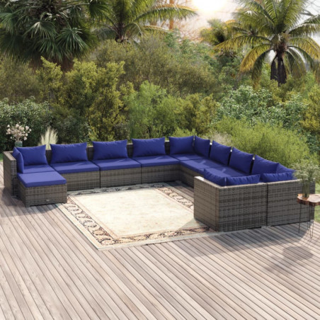 11-tlg. Garten-Lounge-Set mit Kissen Poly Rattan Grau